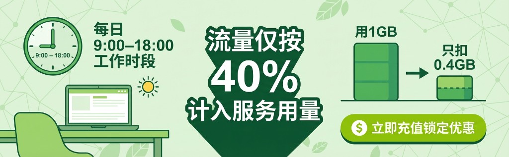 每日 9:00—18:00 工作时段：流量仅按 40% 计入服务用量（用 1GB 仅扣 0.4GB）